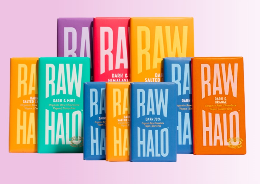 Raw Halo organic vegan chocolate bar with golden foil wrapper